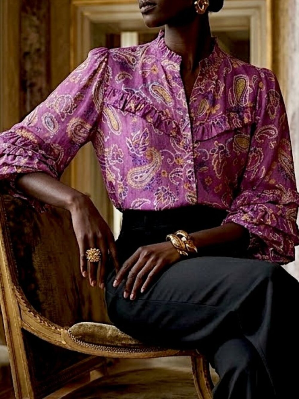 Democracy Women's Swirling Paisley Romantic Ruffle Shirt Size 2X